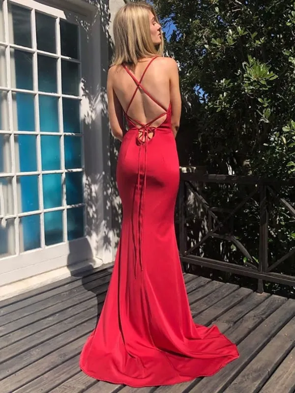 V Neck Mermaid Backless Red Long Prom, Mermaid Backless Red Formal Graduation Evening