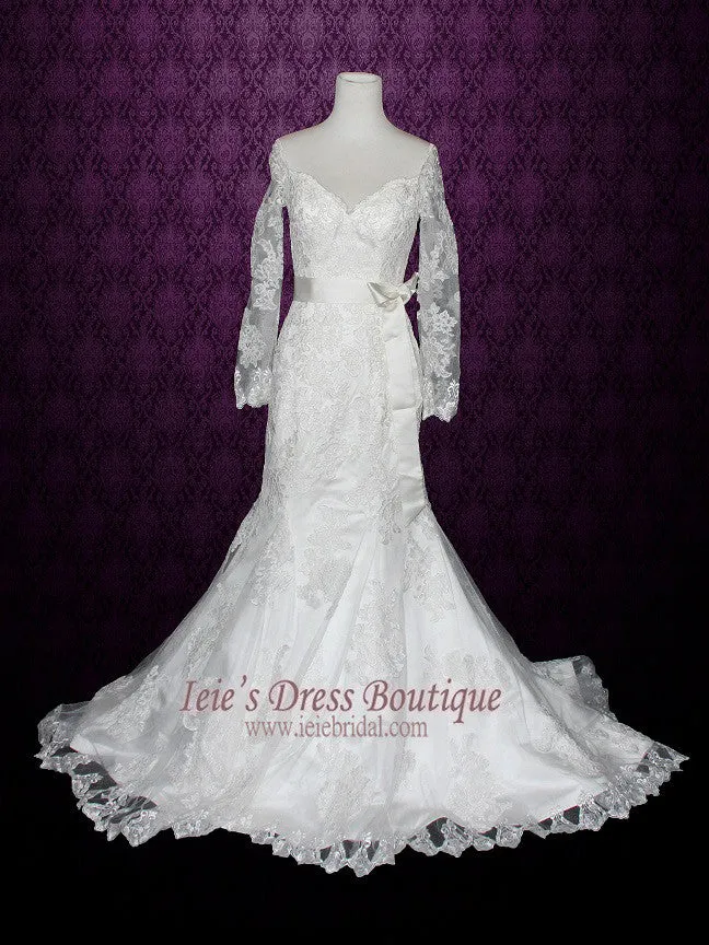 V Neck Mermaid Lace Wedding Dress with Long Sleeves | Lana