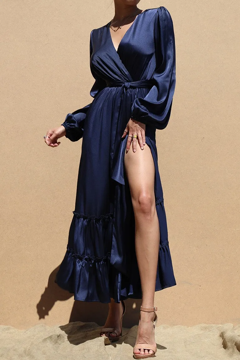 V-neck satin navy maxi dress