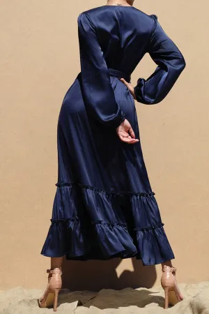V-neck satin navy maxi dress