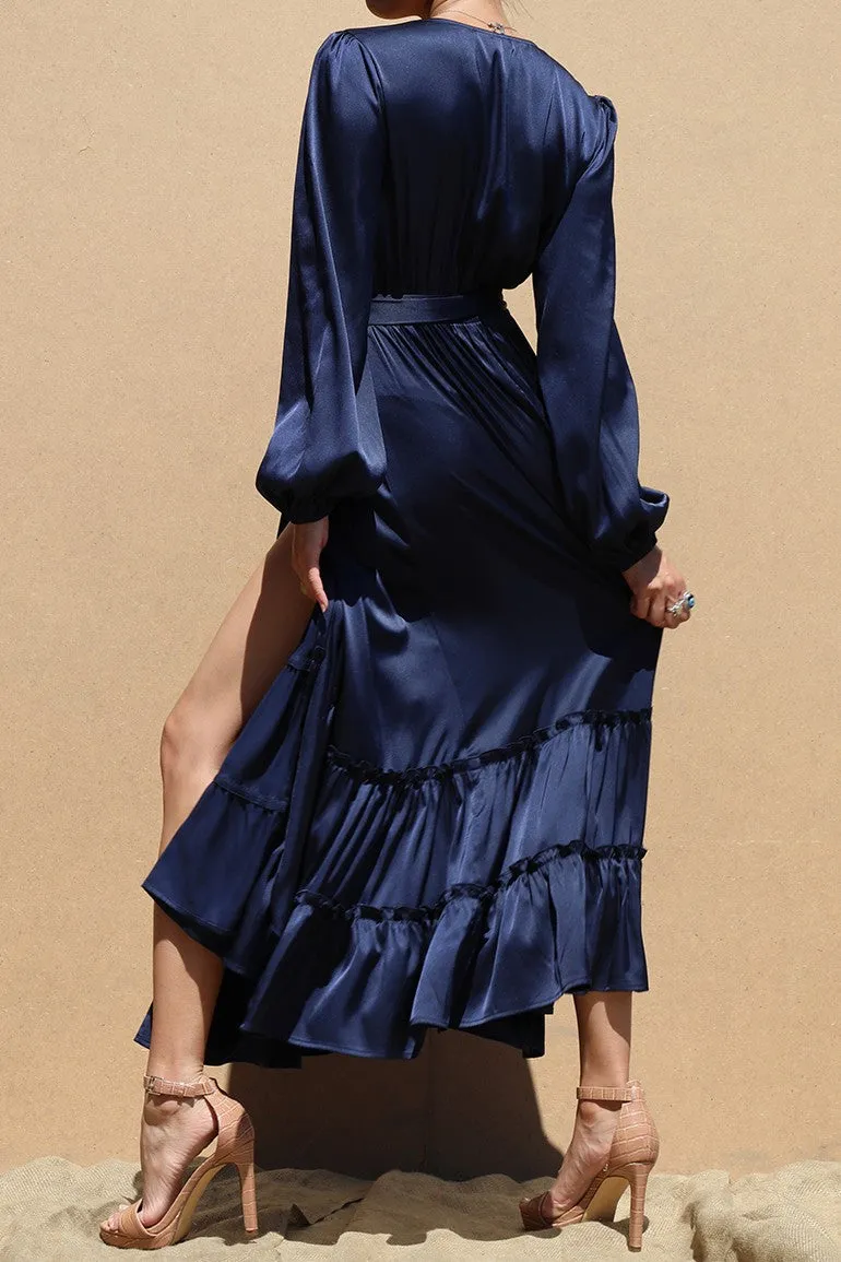 V-neck satin navy maxi dress