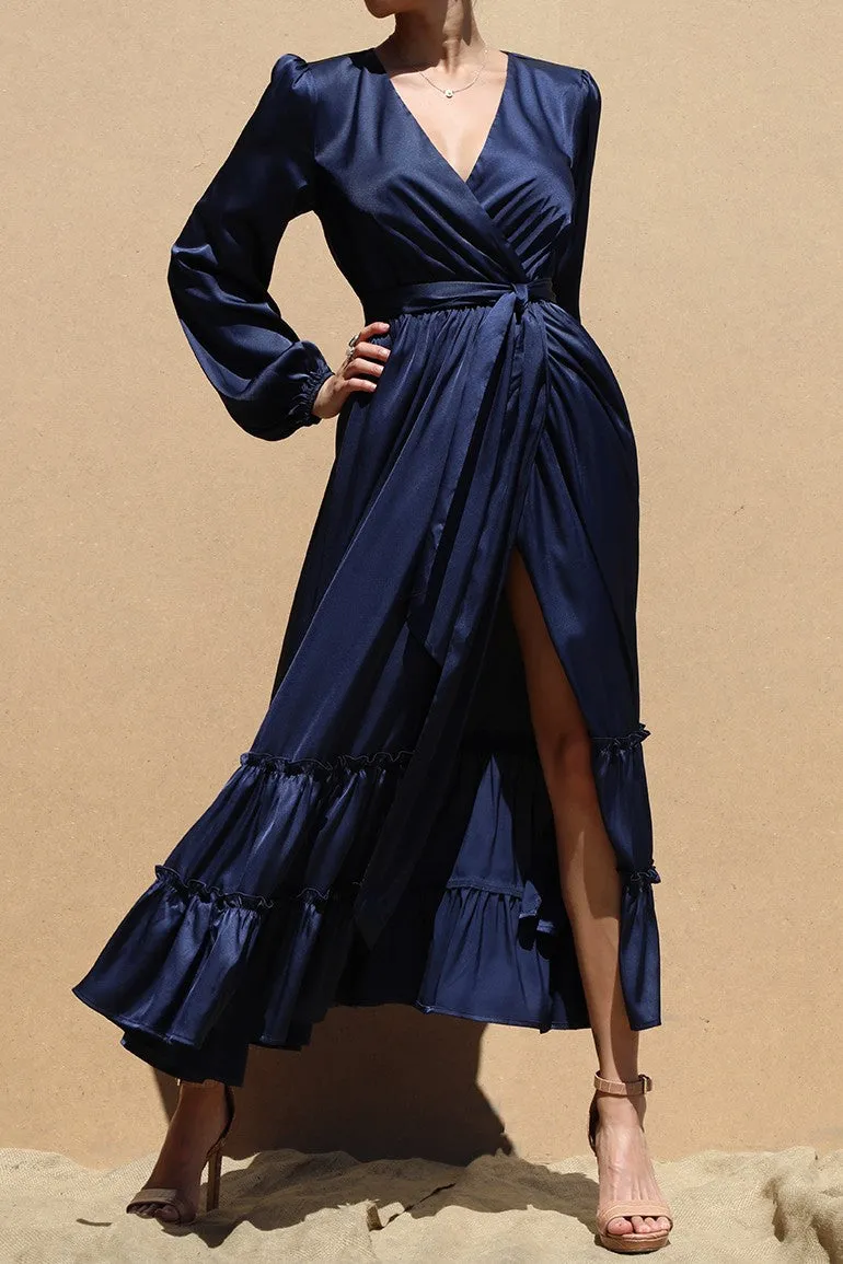 V-neck satin navy maxi dress