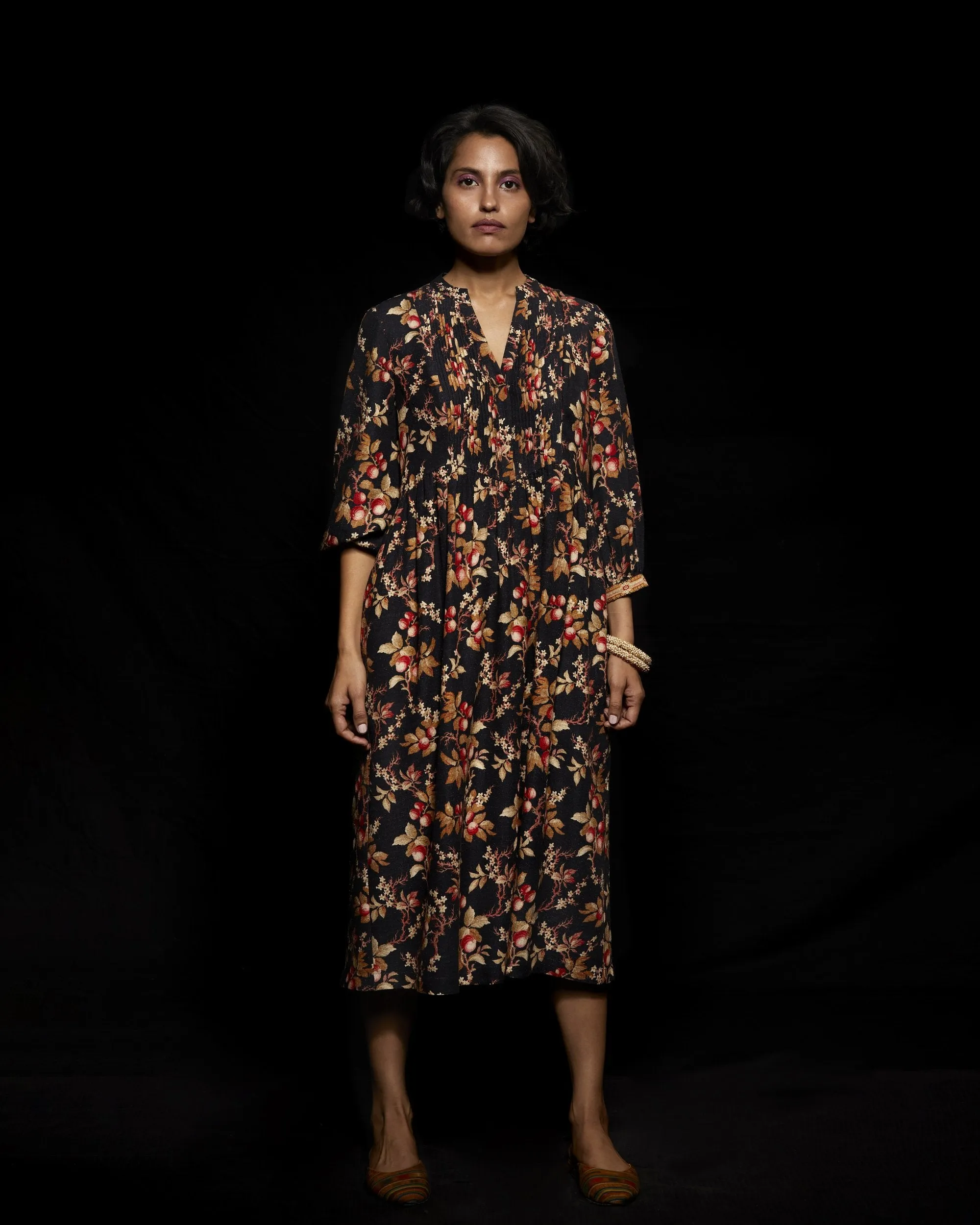 Viam   I   Black Floral Hand Printed Dress