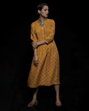 Viam   I   Mustard Ikat Hand Printed Dress