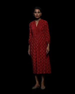 Viam   I   Red Ikat Hand Printed Dress