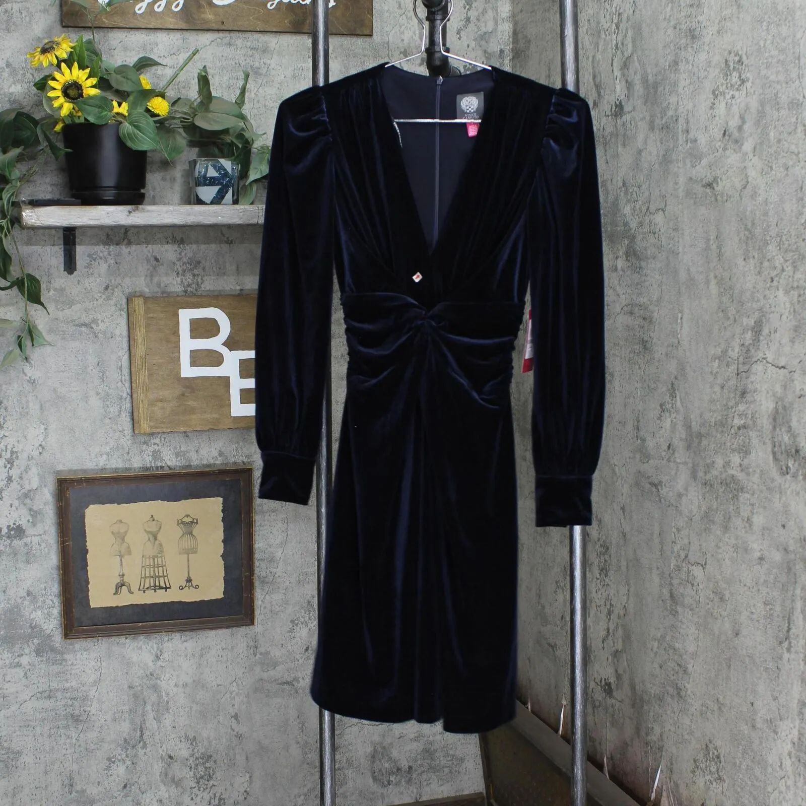 Vince Camuto Womens Ruched Velvet Twist-Front Dress VC1M2432 Navy Blue 0