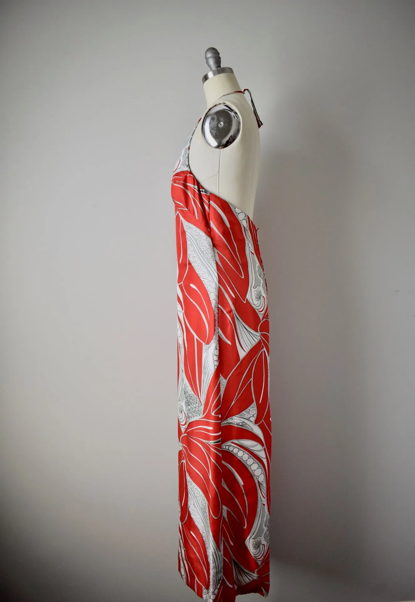 Vintage 1960s Natalie Collet Red Handkerchief Silk Halter Gown