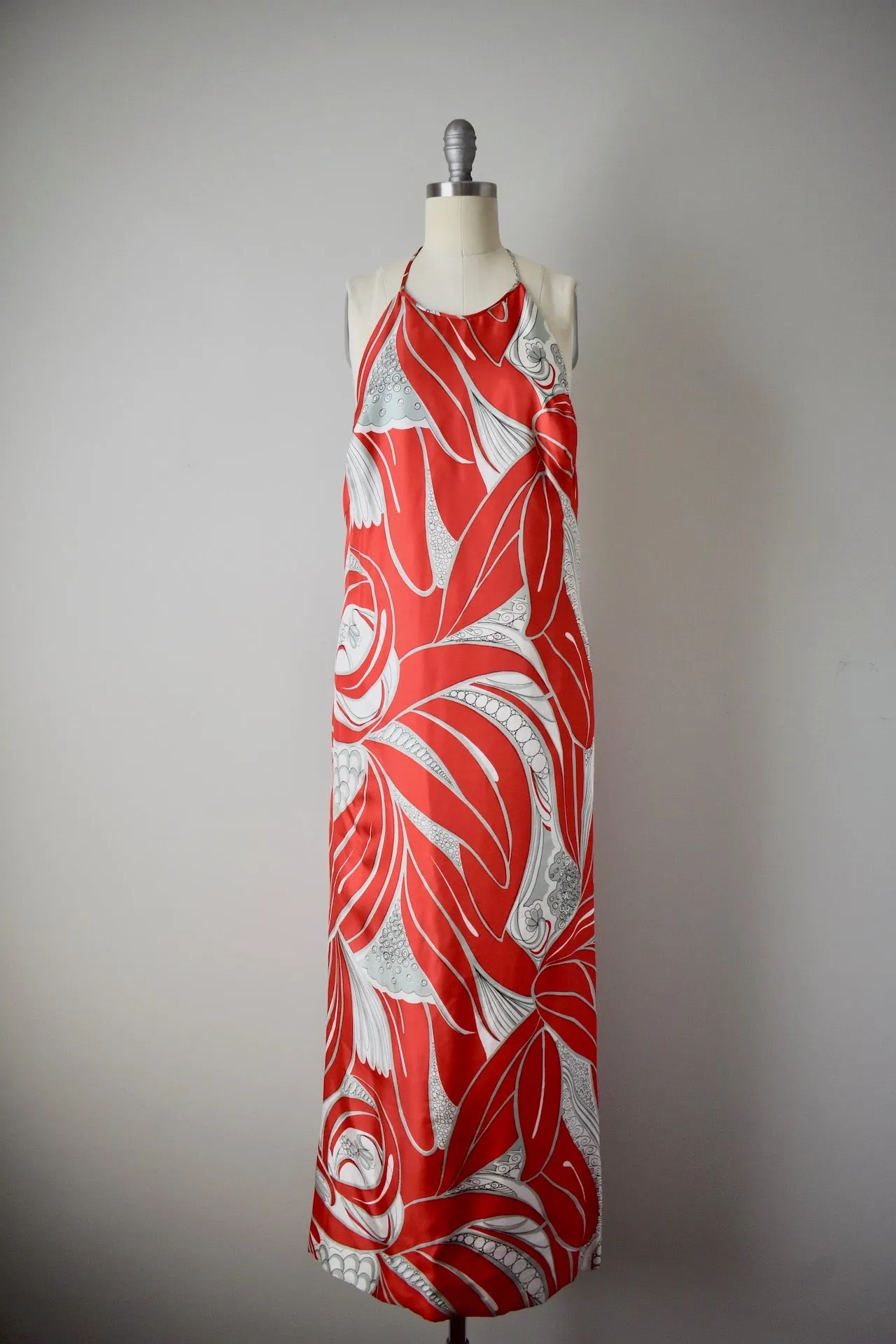Vintage 1960s Natalie Collet Red Handkerchief Silk Halter Gown