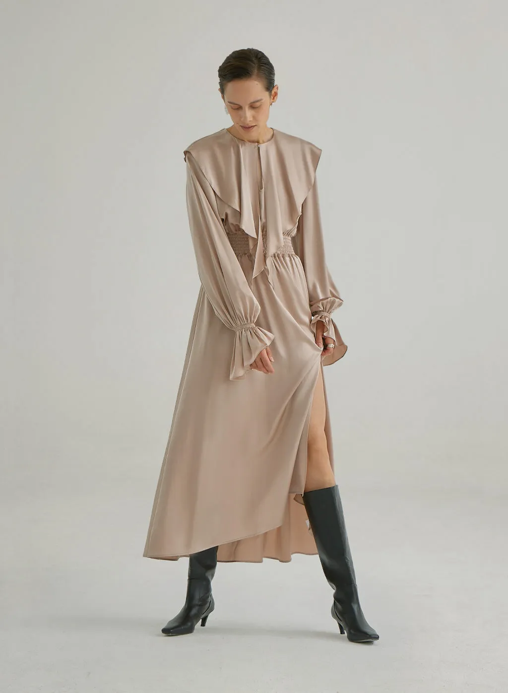 Vintage Frill Silk Maxi Slit Dress