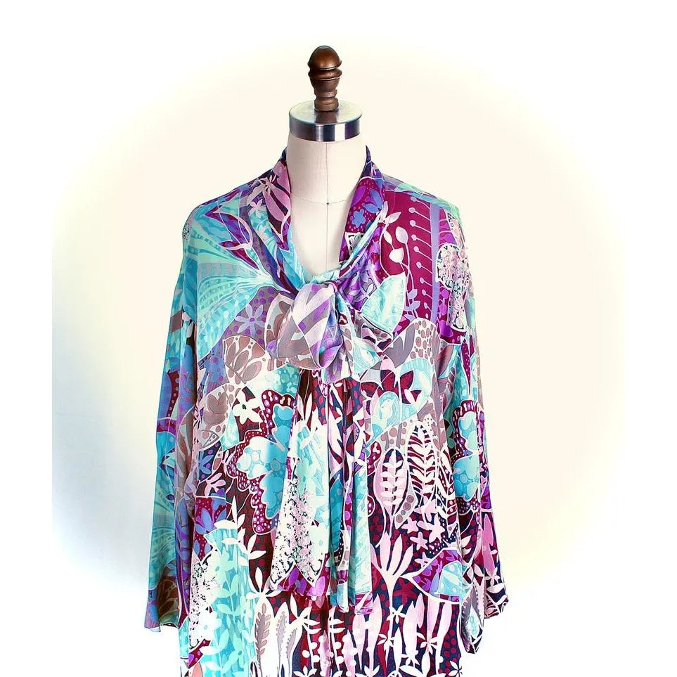 Vintage Jean Muir Dressing Gown Dress Silk Maxi Pink Turquoise Gorgeous o/s