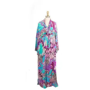 Vintage Jean Muir Dressing Gown Dress Silk Maxi Pink Turquoise Gorgeous o/s