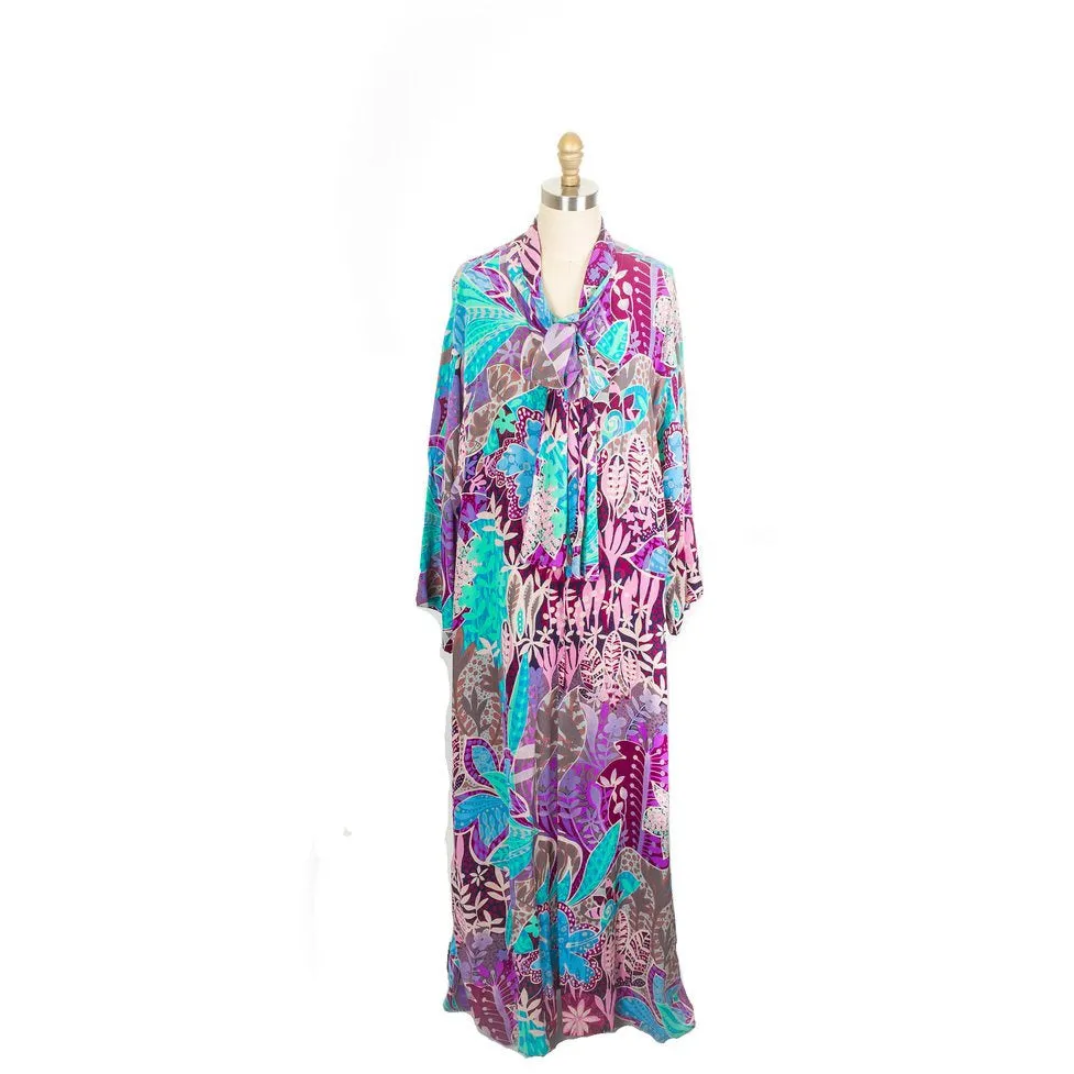 Vintage Jean Muir Dressing Gown Dress Silk Maxi Pink Turquoise Gorgeous o/s