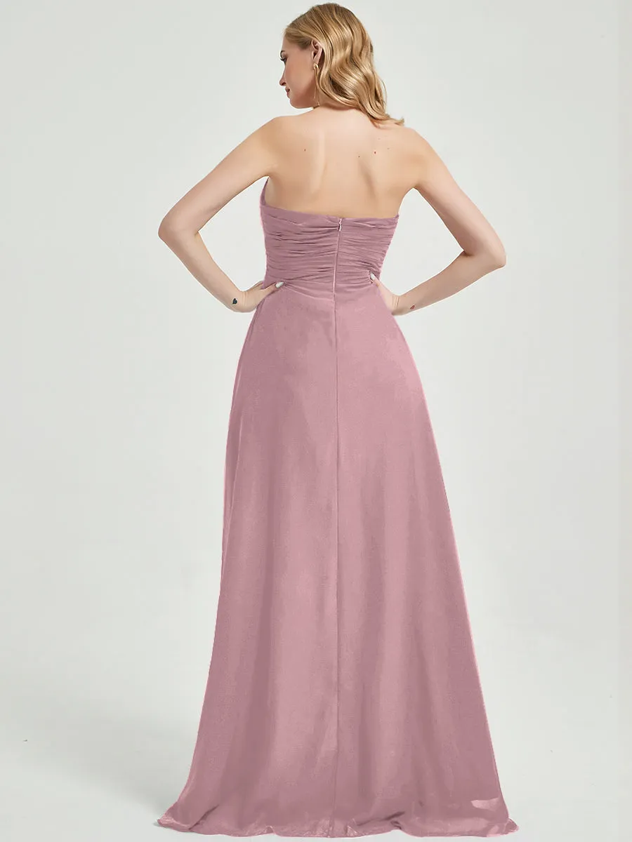 Vintage Mauve Strapless Floor-Length A-Line Bridesmaid Dress with Slit