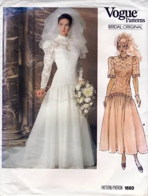 Vogue Bridal Original 1660 Womens Drop Waisted Wedding Dress Floor Length or Train Ruffled Hem 1980s Vintage Sewing Pattern Size 16 Bust 38 inches