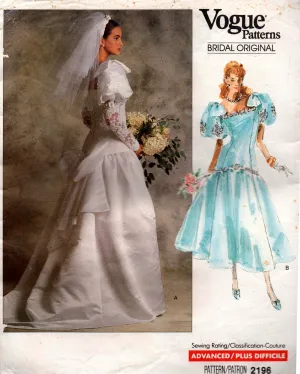 Vogue Bridal Original 2196 Womens Puff Sleeved Wedding Dress & Petticoat 1980s Vintage Sewing Pattern Size 12 - 16 UNCUT Factory Folded