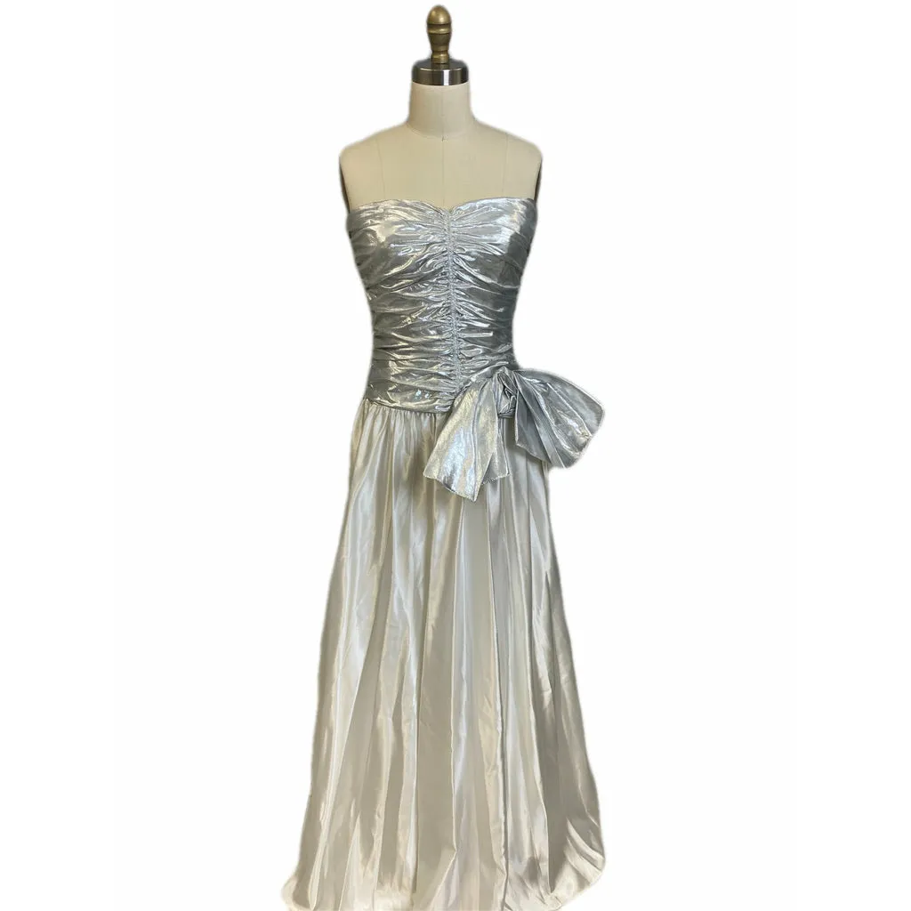 Vtg Nadine 70s Prom Queen Strapless  Metallic Silver/White  NWT S Maxi Elegant
