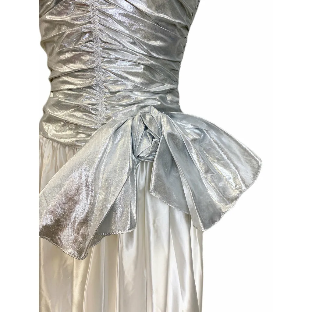 Vtg Nadine 70s Prom Queen Strapless  Metallic Silver/White  NWT S Maxi Elegant