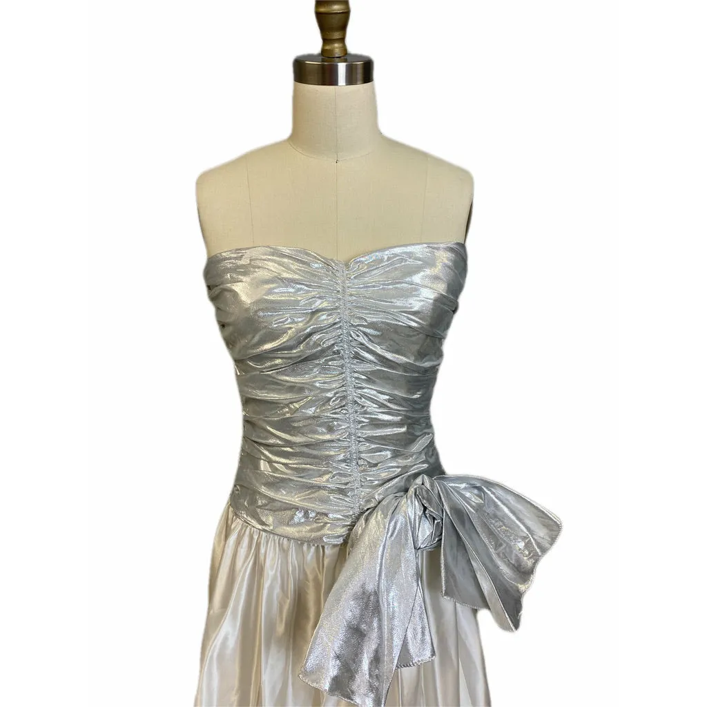 Vtg Nadine 70s Prom Queen Strapless  Metallic Silver/White  NWT S Maxi Elegant