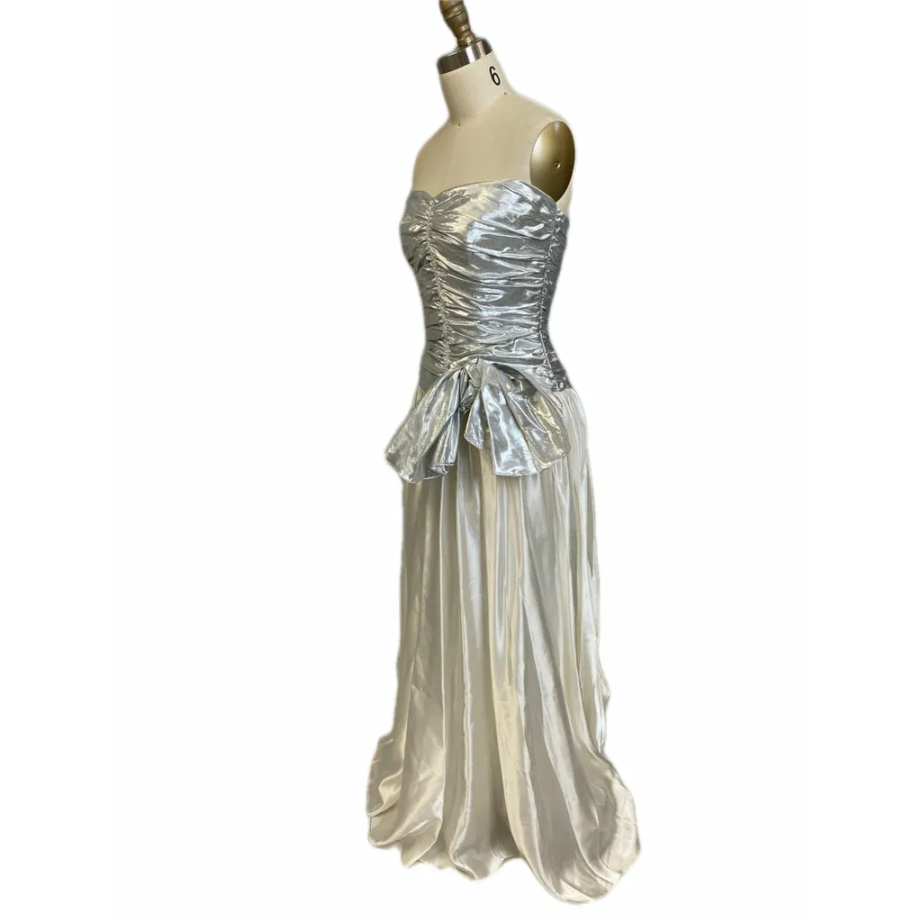 Vtg Nadine 70s Prom Queen Strapless  Metallic Silver/White  NWT S Maxi Elegant