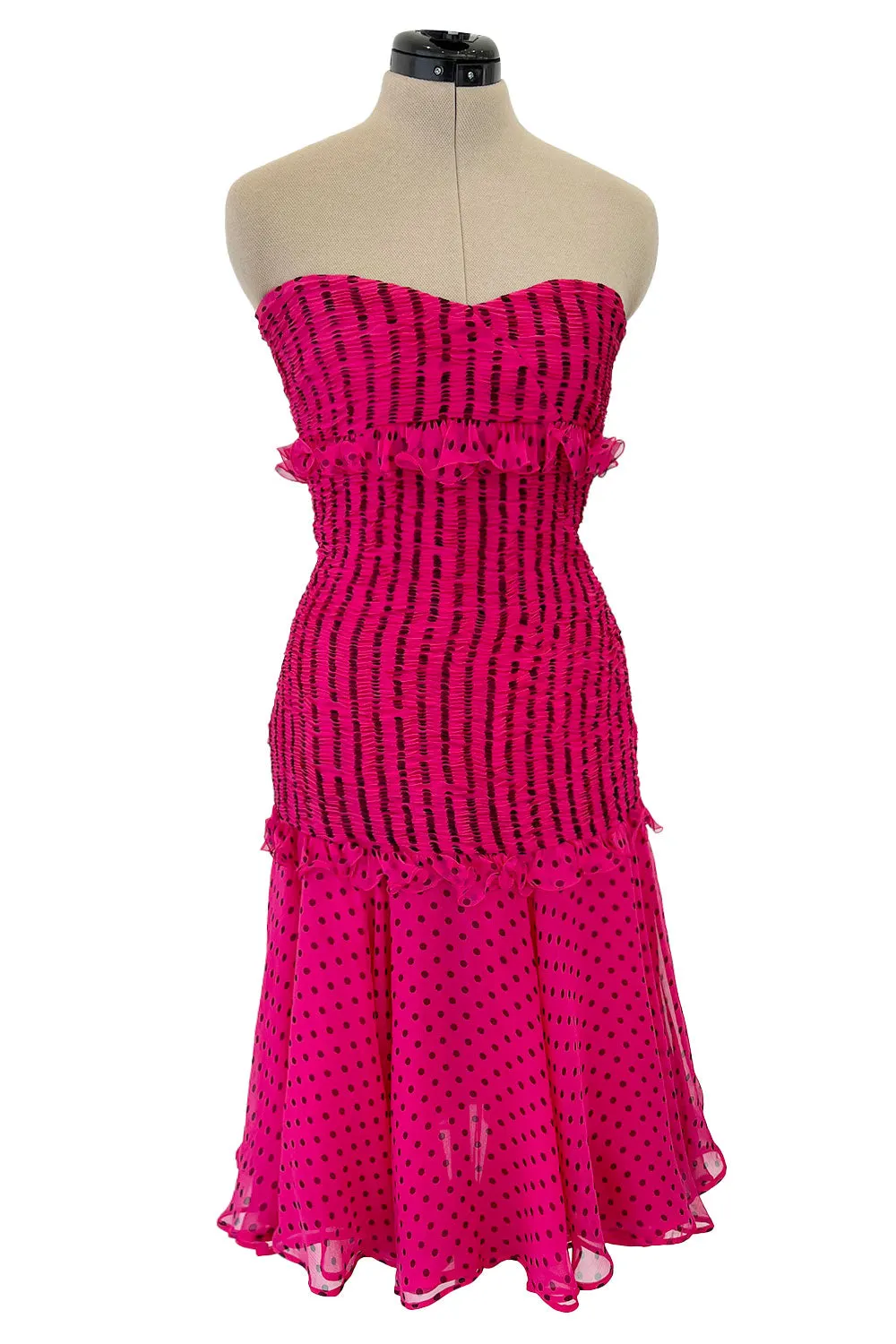 Well Documented Spring 1987 Valentino Original Strapless Pink & Black Silk Chiffon Dress