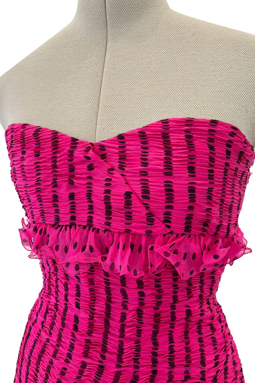 Well Documented Spring 1987 Valentino Original Strapless Pink & Black Silk Chiffon Dress