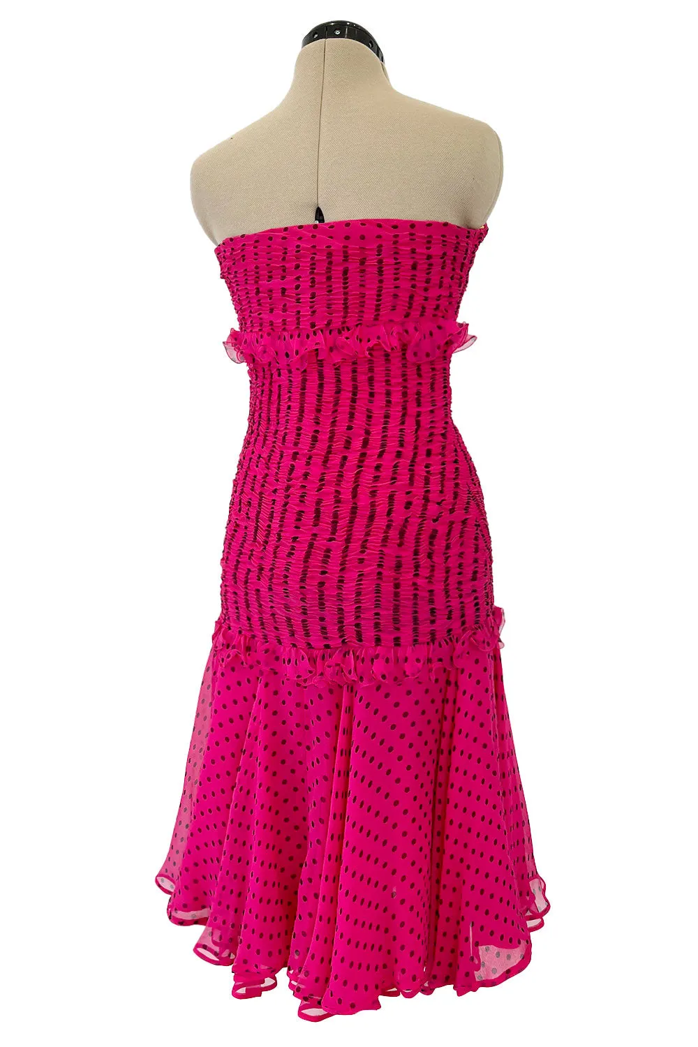Well Documented Spring 1987 Valentino Original Strapless Pink & Black Silk Chiffon Dress