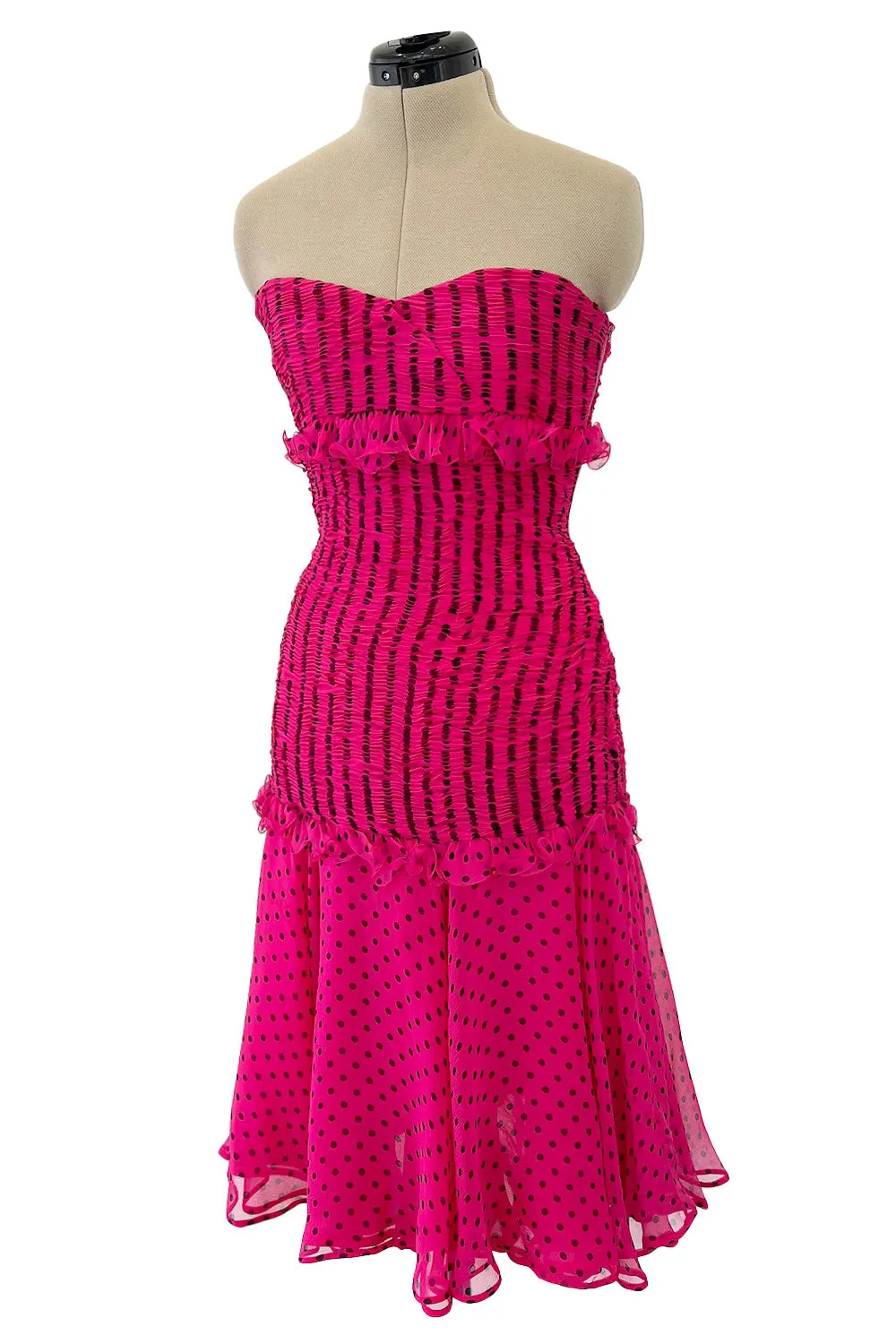 Well Documented Spring 1987 Valentino Original Strapless Pink & Black Silk Chiffon Dress