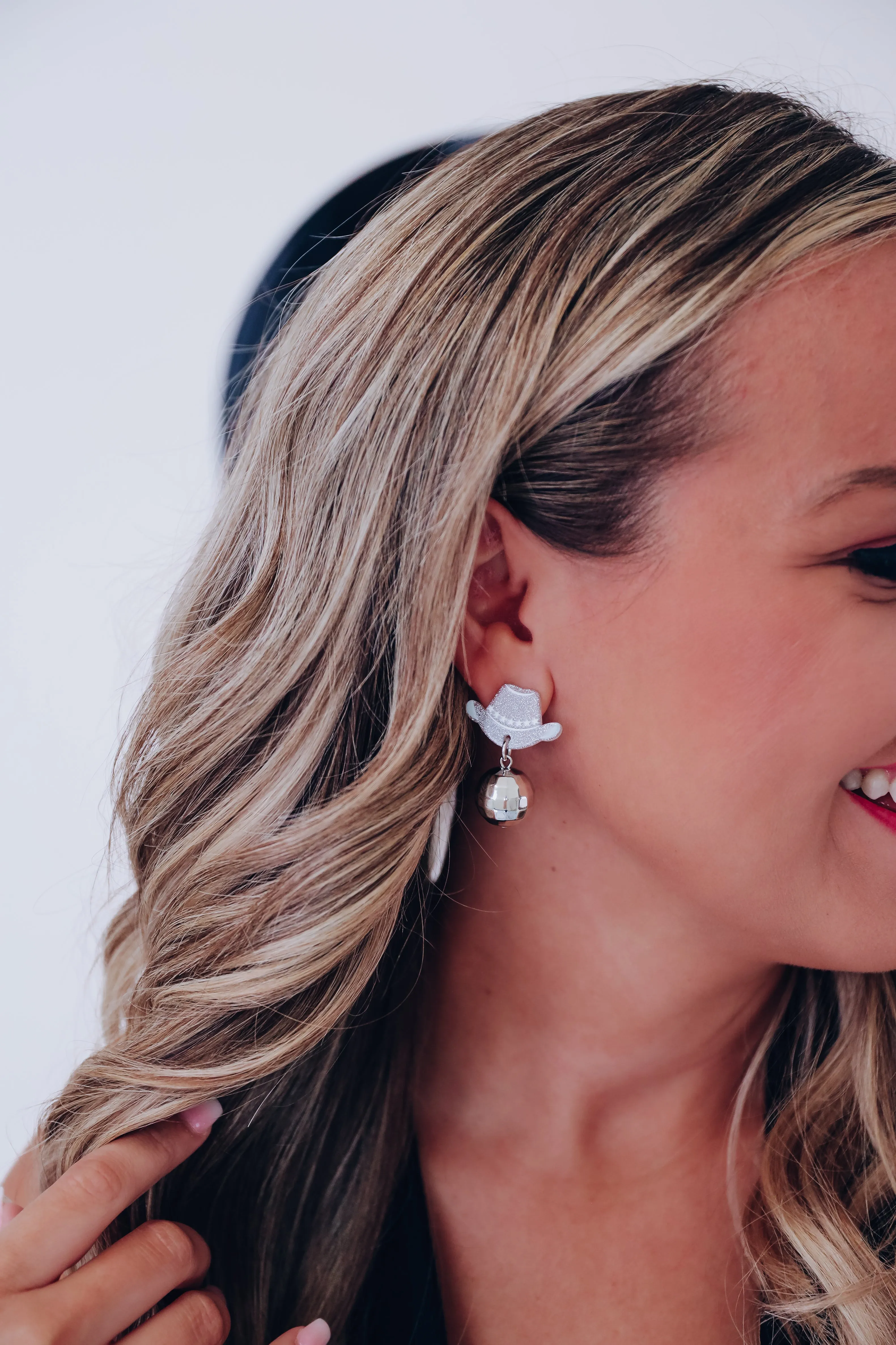 Western Hat Disco Ball Dangle Earrings - Silver