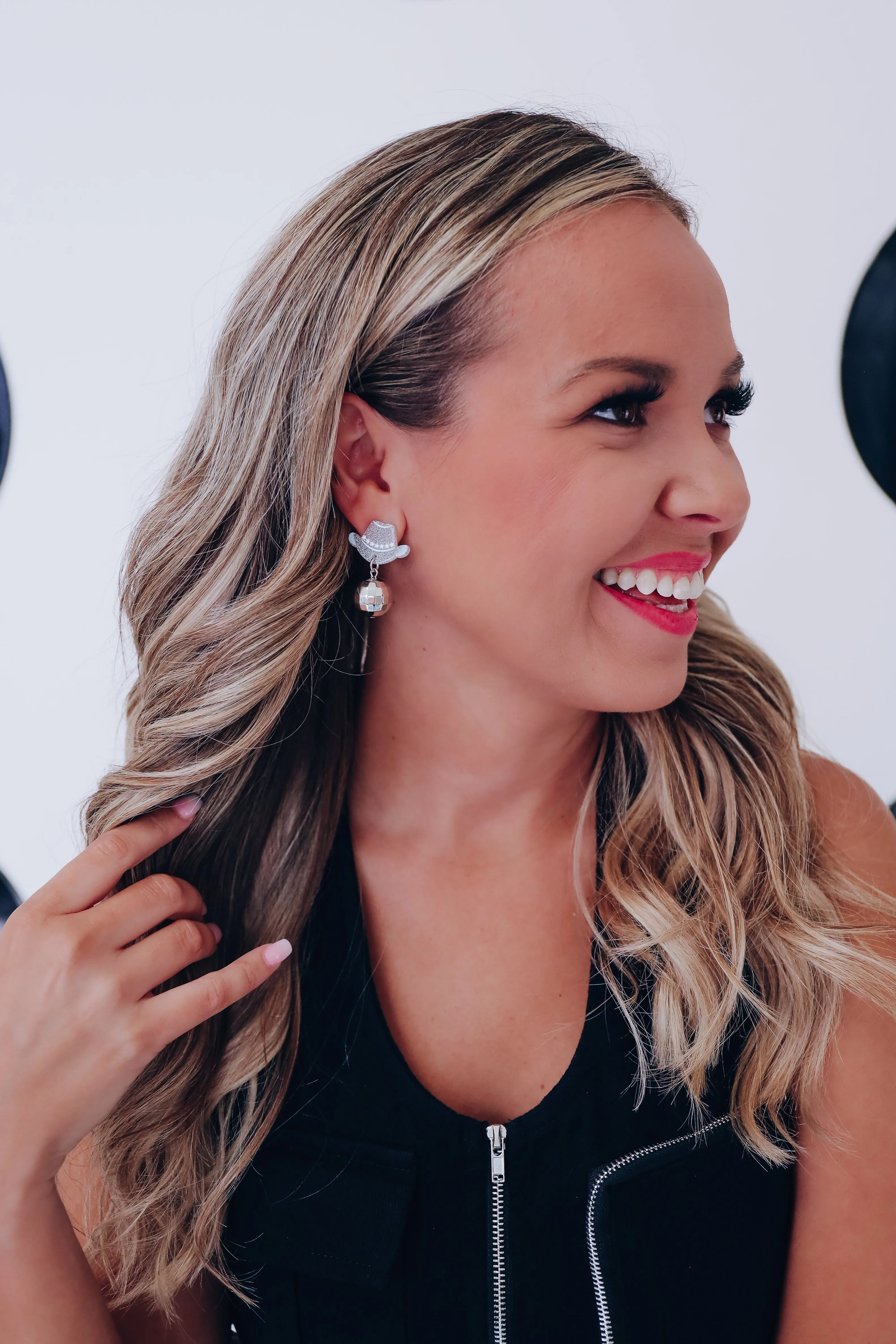 Western Hat Disco Ball Dangle Earrings - Silver