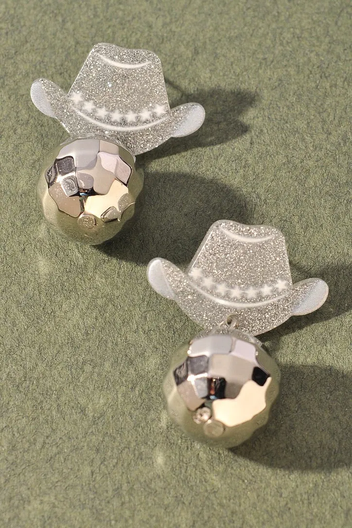 Western Hat Disco Ball Dangle Earrings - Silver