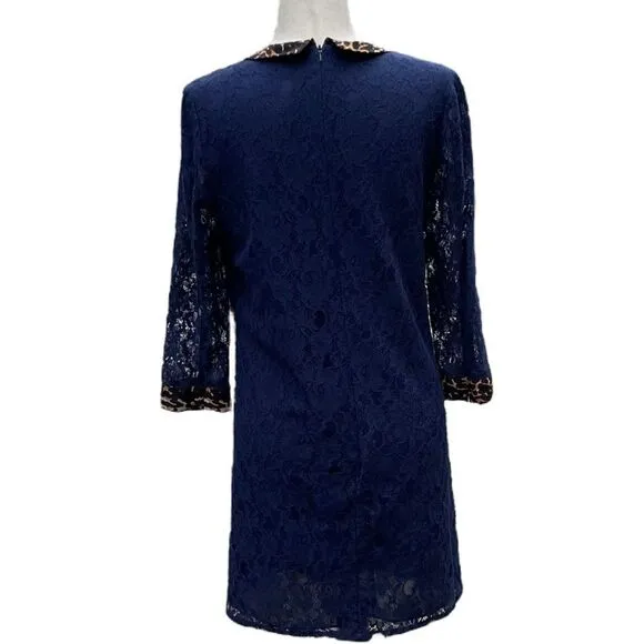 Whistles Navy Blue Lace Mini Dress Animal Print Leopard Silk Collar Cuff Trim