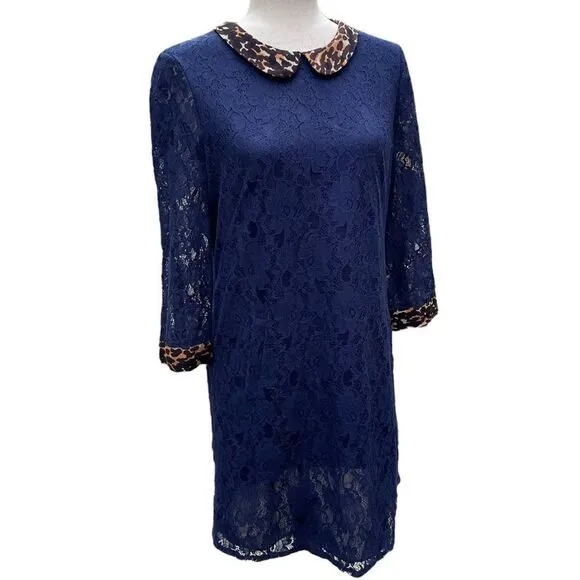 Whistles Navy Blue Lace Mini Dress Animal Print Leopard Silk Collar Cuff Trim