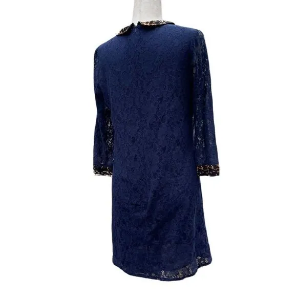 Whistles Navy Blue Lace Mini Dress Animal Print Leopard Silk Collar Cuff Trim