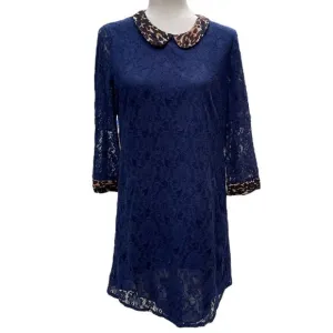 Whistles Navy Blue Lace Mini Dress Animal Print Leopard Silk Collar Cuff Trim