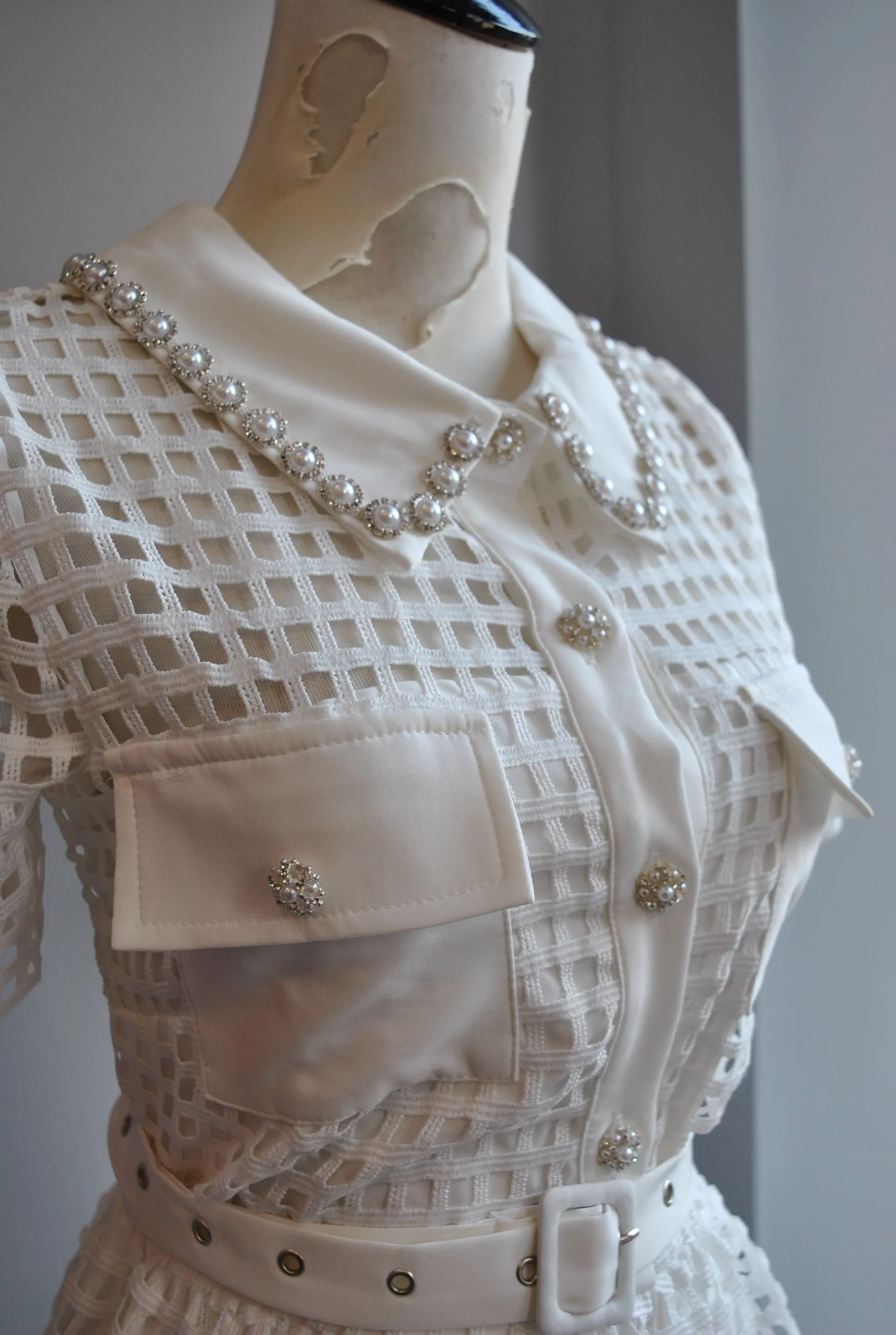 WHITE FIT AND FLAIR DRESS WITH PEARLS AND RHINESTONES