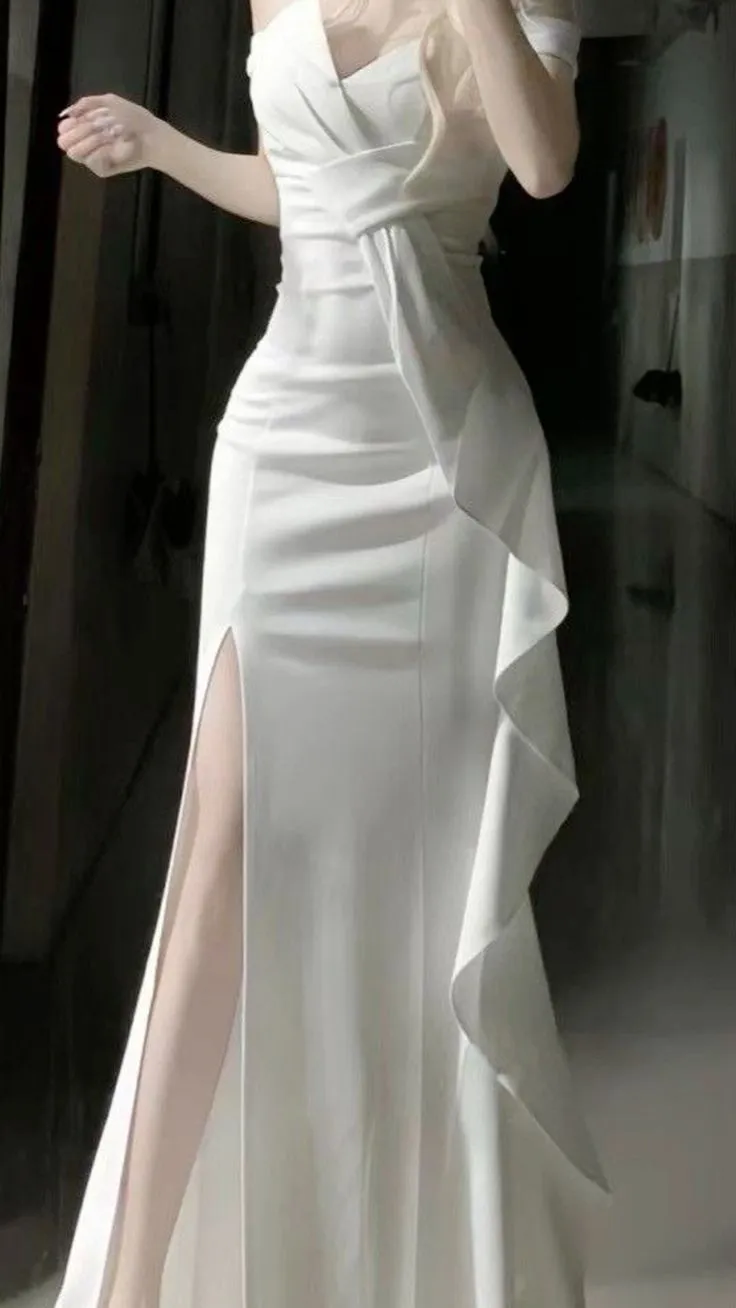 White Simple Prom Party Dress Long Formal Evening Dress    fg7483