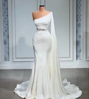 white wedding dress, mermaid wedding dress, vestidos de novia, one shoulder wedding dress    fg676