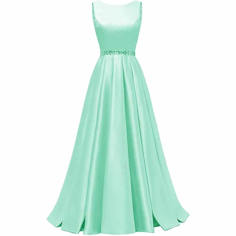 Women Long Prom Dress Satin A-Line with Beaded Belt Formal Evening Gown