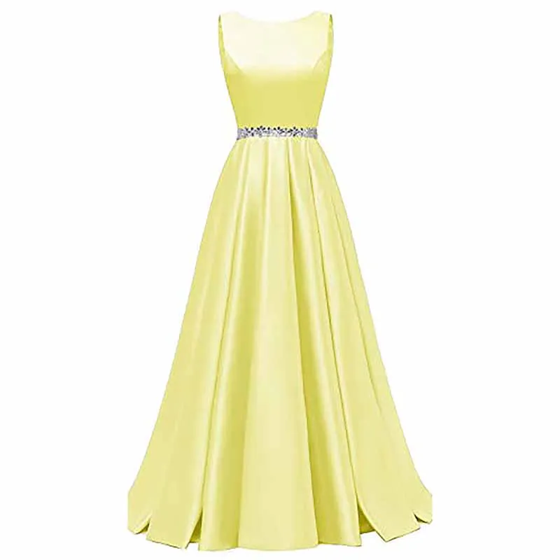 Women Long Prom Dress Satin A-Line with Beaded Belt Formal Evening Gown