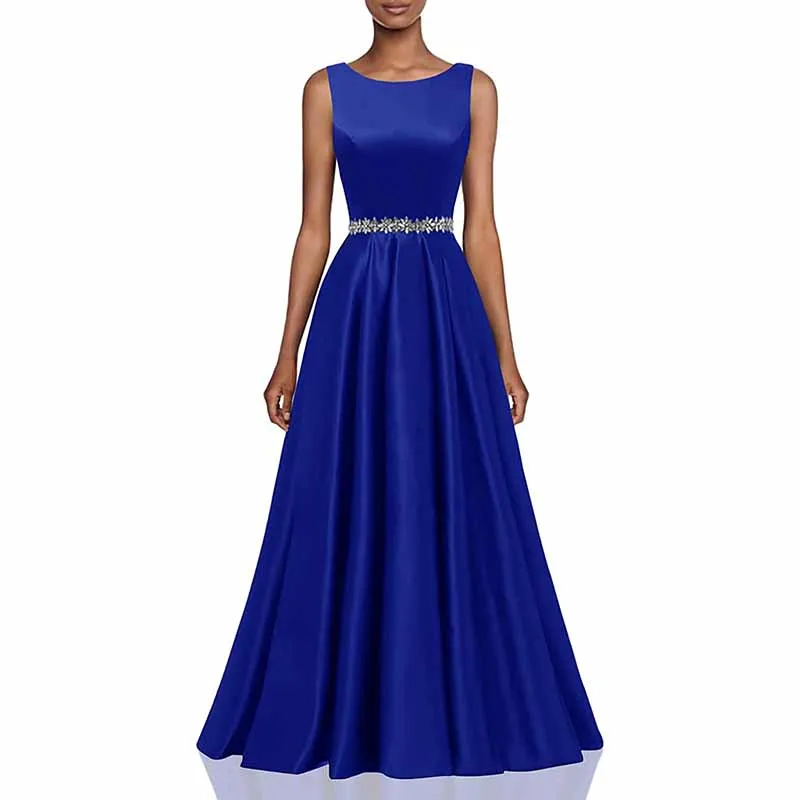 Women Long Prom Dress Satin A-Line with Beaded Belt Formal Evening Gown