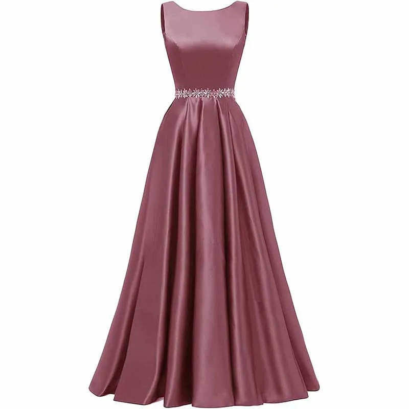 Women Long Prom Dress Satin A-Line with Beaded Belt Formal Evening Gown
