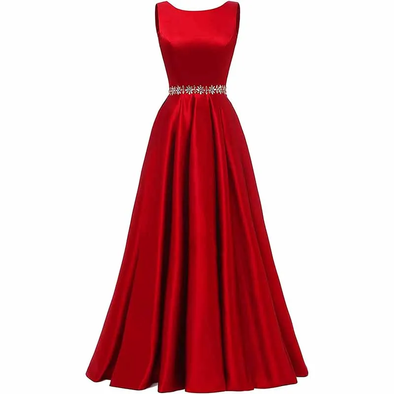 Women Long Prom Dress Satin A-Line with Beaded Belt Formal Evening Gown