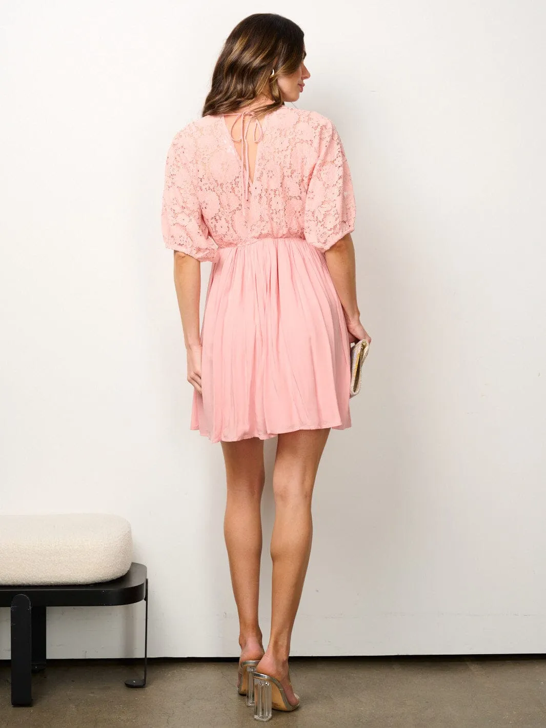 WOMEN'S 3/4 SLEEVE SURPLICE LACE FIT & FLARE MINI DRESS