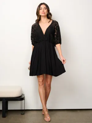 WOMEN'S 3/4 SLEEVE SURPLICE LACE FIT & FLARE MINI DRESS
