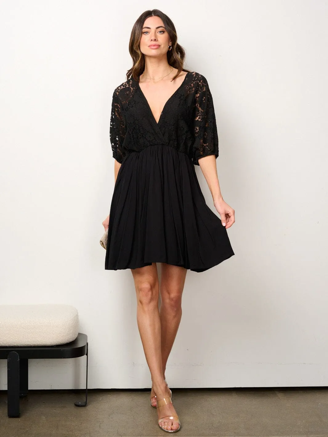 WOMEN'S 3/4 SLEEVE SURPLICE LACE FIT & FLARE MINI DRESS
