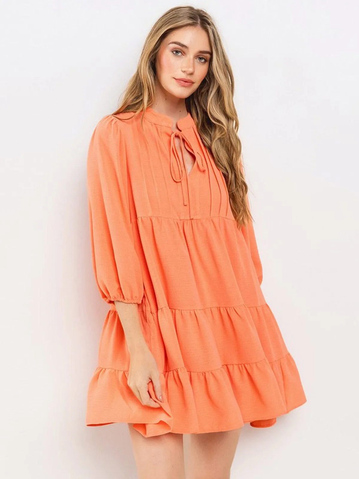 WOMEN'S 3/4 SLEEVE TIERED LOOSE FIT TUNIC MINI DRESS