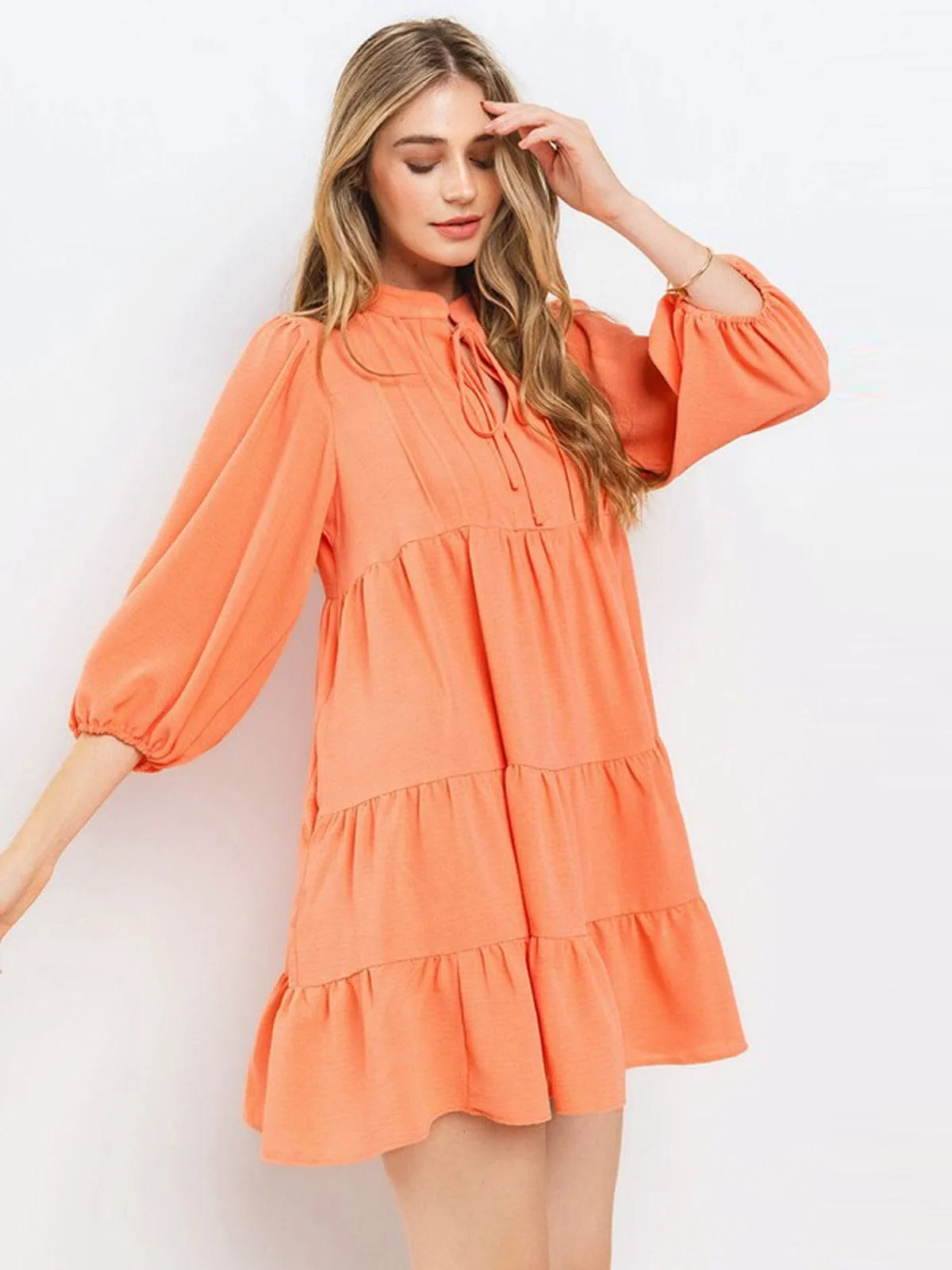 WOMEN'S 3/4 SLEEVE TIERED LOOSE FIT TUNIC MINI DRESS