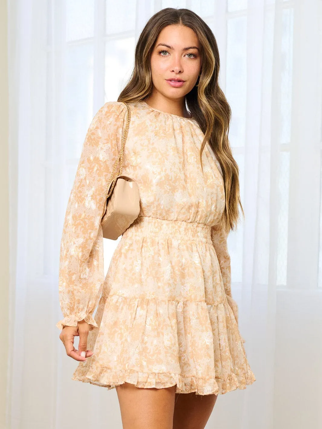 WOMEN'S LONG SLEEVE TIERED RUFFLE FLORAL MINI DRESS