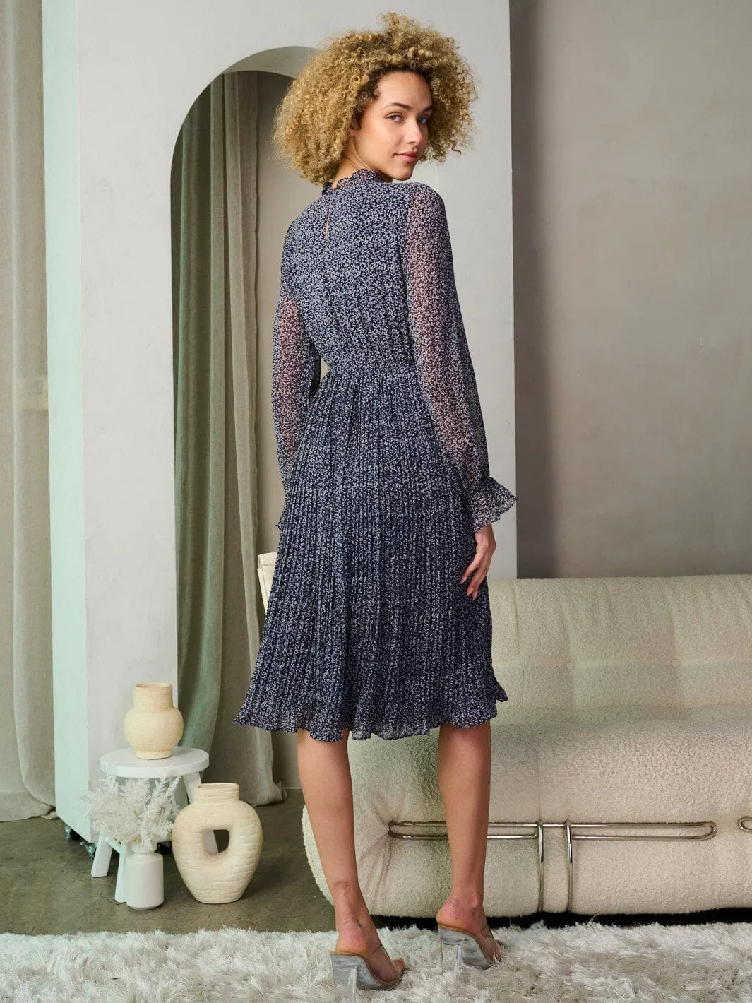 WOMEN'S LONG SLEEVES ELASTIC WAIST FLORAL MIDI DRESS