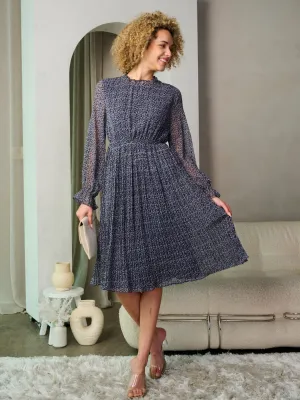 WOMEN'S LONG SLEEVES ELASTIC WAIST FLORAL MIDI DRESS